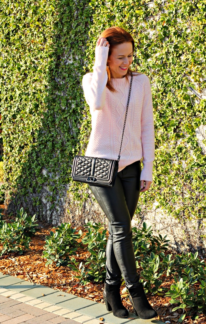 pink cable knit and leather // two ways to wear leather pants