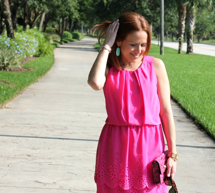 mint earrings + pink dress