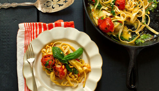 recipe: roasted tomato pasta with brie + pine nuts