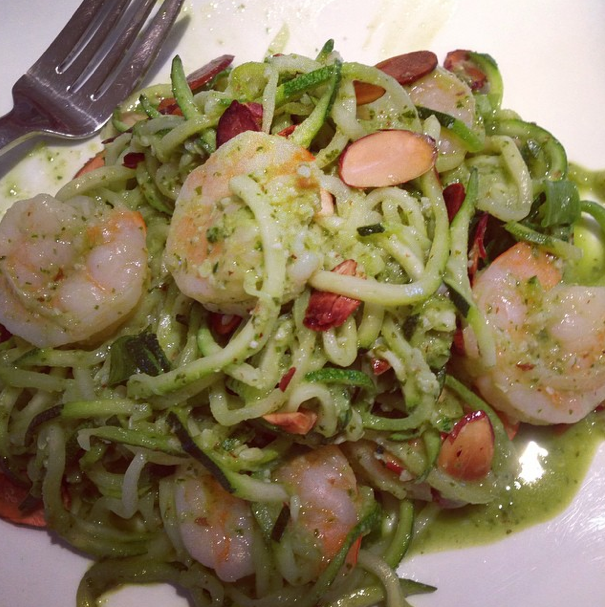 zucchini noodles with pesto and shrimp